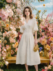 COCOBELLA | Textured Ruched Audrey Hepburn Style Elegant Dress