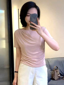 Fashionable Short Sleeve T-Shirt Womens Summer Trendy Acetate Short Top One Shoulder Design Slim Fit Pure Color Casual Wear