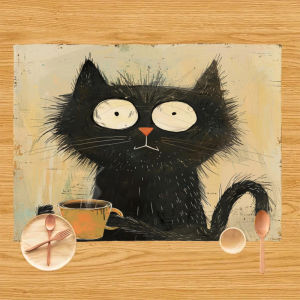 Black Cat Print Linen Placemat Heat-Resistant & Non-Slip 30x40cm Home Dinner Placemat