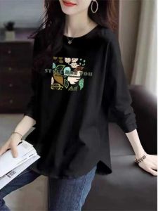 100% Pure Cotton Long Sleeve Base Layer T-Shirt Loose Fit Casual Style Spring Autumn plus Size Slimming Top Floral Print round Neck