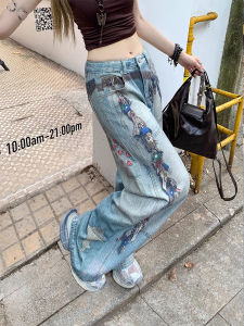 Quần Jeans Denim Ống Rộng Kiểu Dáng Thẳng Cạp Thấp in Hình Khía Của Mỹ Phong Cách Retro Cho Nữ Quần Dài Thu Đông Thiết Kế Cảm Giác