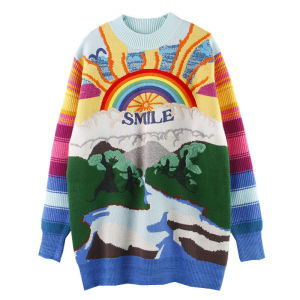 Loose Long Sleeve Knitted Sweater Womens Pullover Embroidered Color Block Pattern Rainbow Design Autumn Winter New Style