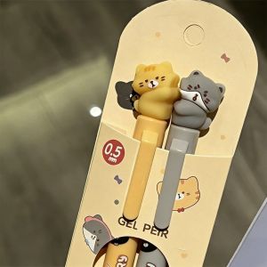 2Pcs Kawaii Cat Retractable Gel Pen 0.5mm Black Ink Gel Pens Back to School Cute Stationery School Office Supplies