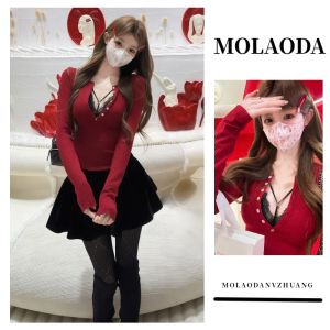 Áo Len Dệt Kim Cổ Chữ V Dài Tay Màu Đỏ Rượu Vang Gợi Cảm Váy Ngắn Xếp Ly Bó Sát Áo Sơ Mi Ren Lót Quần Áo Công Sở Mùa Xuân 2025