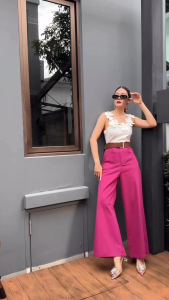 🔖Mirrorsister 50701.7 กางเกงขายาวทรงขากว้าง เอวสูง มาพร้อมเข็มขัดผ้าโทนสีน้ำตาล สามารถใส่ได้หลายโอกาส