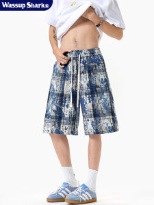 Quần Short Nam WASSUP SHARK Retro Tie Dye Plaid Ống Rộng Ống Thẳng Quần Dài Năm Điểm Mùa Hè Thường Ngày Quần Rộng Rãi
