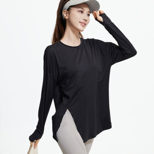 Quần áo tập Yoga lỏng tập thể dục Áo thể thao Áo cánh nữ cổ tập thể dục chạy quần áo thể thao dài tay Femme phòng tập thể dục hàng đầu với lỗ xỏ ngón tay cái