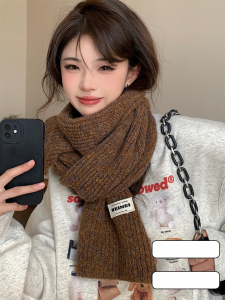MiiOW | Warm Knitted Coffee Color Scarf For Women Winter Versatile Woolen Neck Warmer Solid Color Lazy Style Rectangle Polyester Fiber