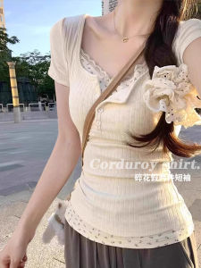 Sweet And Spicy Floral Print Short Sleeve T-Shirt Womens Spring Summer Autumn Lace Trim Base Shirt Short Top BM Shoulder Design