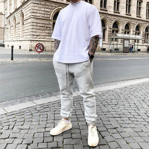 กางเกงขายาวทรงหลวมสไตล์อเมริกันสำหรับผู้ชาย ทรงหลวม เอวกลาง ผ้าฝ้ายผสมโพลีเอสเตอร์ กางเกงขายาวทรงลำลอง