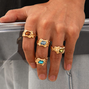 Ingemark 4Pcs/Set Size 8 Vintage Crystal Gold Color Rings for Men Creative Geometric Adjustable Open Knuckle Ring Couple Jewelry