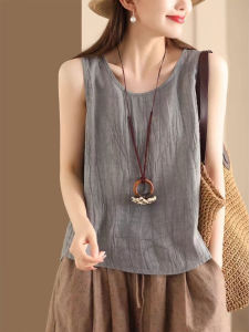 เสื้อกั๊กแขนกุดผ้าฝ้ายลินินทรงหลวมสไตล์ย้อนยุคสำหรับผู้หญิงในช่วงฤดูร้อน 2025 ใหม่ ลำลอง ใส่ด้านใน ชุดชั้นใน ทรงหลวม คอตั้ง
