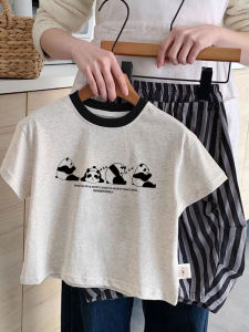 Cartoon Panda Print Cotton Short Sleeve T-shirt for Boys and Girls