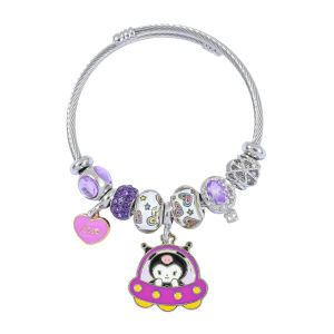 Sanrio | Cute Kuromi Charm Bangle Zinc Alloy with "Love" Heart & Rhinestone Beads Silver Tone Adjustable Open Bracelet for Teens