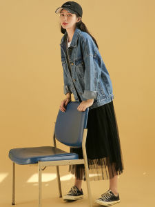 Áo Khoác Denim Nữ Dáng Rộng Thoải Mái Đa Năng Mùa Xuân 2025 Phong Cách Mới Cổ Polo Tay Dài Vải Cotton Polyester