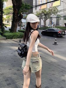 กางเกงขาสั้นยีนส์ทรงเอเอวสูงสำหรับผู้หญิง ทรงตรง ทรงกระบอก สไตล์วินเทจ ผ้าฝ้ายยืด ฤดูใบไม้ร่วง กางเกงขาสั้นผู้หญิง กระชับสัดส่วน