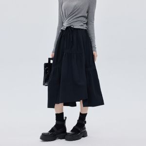 Black Asymmetrical High Waist A-Line Skirt Womens Elastic Waist Pleated Splicing Mini Midi Skirt City Commute Casual Wear