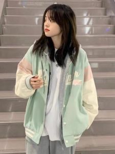 เสื้อแจ็คเก็ตเบสบอลสำหรับผู้หญิง ทรงหลวม ทรงบาง ปักลาย สไตล์ย้อนยุค แจ็คเก็ตสีบล็อกสำหรับนักเรียน เสื้อคลุมกันหนาวแบบสวมหัว
