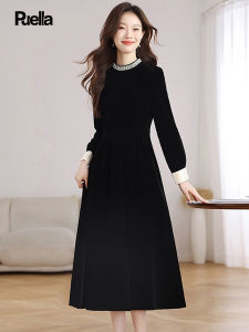 puella | Elegant French Style Black Velvet Long Sleeve Dress