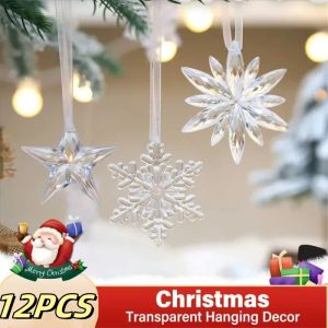 🎄12Pcs Clear Acrylic Snowflake Ornaments Christmas Tree Decorations Winter Wonderland Party Star Snowflake Deer Shaped Crystal Decor