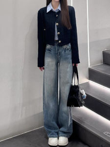 กางเกงยีนส์ทรงหลวมเอวสูงสไตล์ย้อนยุค กางเกงขายาวทรงตรงสำหรับผู้หญิง ฤดูใบไม้ร่วง/ฤดูหนาว กางเกงขายาวทรงขากว้าง ทรงหลวม ทรงสลิมฟิต