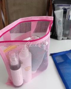 Travel Toiletries Cosmetic Bag Portable Zipper Storage Bag Transparent Draining Fiber Mesh Wash Bag Handbag Quick Dry Mesh Shower Bag Hanging Toiletry and Bath Organizer 旅行化妆洗漱包