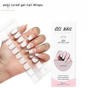 20/Tips NG French Semi cured Gel Nail Strips Valentines Long Lasting Full Cover Gel Nail Stcikers UV Lamp Need