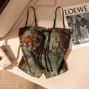 Elegant French Print Strap Vest Women Summer Outdoor Wear with Chest Pad Design Sweet And Spicy Girl Beautiful Back Tube Top