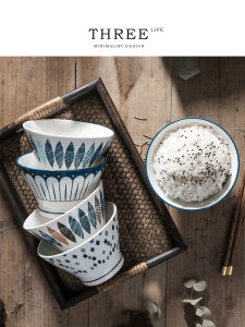 Tlife Japanese Style Ceramic Thickened Underglaze Creative Home Use Hut Bowl Dining Utensils Stripe Pattern Casual Popular