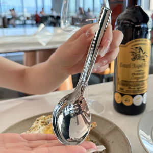 Stainless Steel 316 Long Handle Soup Spoon Beautiful Large round Head Spoon for Adult Deepened Flat Bottom Dining Utensils