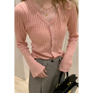 Lightweight V-Neck Knitted Cardigan Womens Early Autumn Slimming Long Sleeve Top Soft Inner Wear Base Shirt Peach Pink