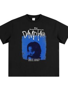 Tao Qi Blue Special Davidtao American Print Pure Cotton Short-Sleeved T-shirt Mens and Womens Vintage Hong Kong Style Street Summer Fashion