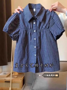 Retro Plaid POLO Collar Doll Shirt Womens Bubble Sleeve Loose Fit Winter 2025 Slimming Short Shirt Commute Versatile Top