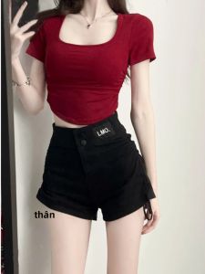 Áo thun nữ LUOFEN tay ngắn ôm vừa vặn cổ vuông