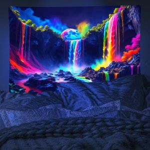 VIKAMA Blacklight Reactive Rainbow Neon Valley Moon Tapestry Đầy Màu Sắc Thác Nước Ảo Giác Treo Tường Nghệ Thuật Trang Trí UV Active Polyester
