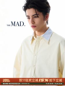 MADWITCH เสื้อเชิ้ตแขนยาวทรงหลวมสำหรับผู้ชาย ดีไซน์เก๋ไก๋ คอลเลกชั่นฤดูใบไม้ผลิ 2025 คอกลม ปกคู่ ผ้าฝ้ายผสมโพลีเอสเตอร์