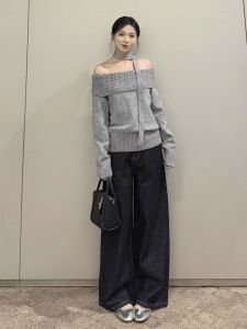 กางเกงยีนส์ขากว้างเอวสูงสำหรับผู้หญิง สีน้ำเงินเข้ม กางเกงขายาวทรงหลวม ทรงเรโทร ทรงยาวถึงพื้น ฤดูร้อน 2025