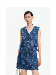 Vintage Cotton V-neck Vine Printed Denim Vest