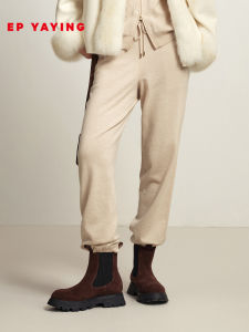 Warm Feeling Pure Cashmere Knitted Pants for Women Soft Cozy a La Shang Uncolored EP YAYING Casual Straight Leg Trousers