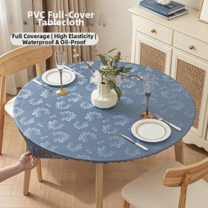 WANGSHIHUAYI | Waterproof Oil-Resistant Heat-Resistant Non-Washable Tablecloth with Elastic Band and Non-Slip Turntable Cover