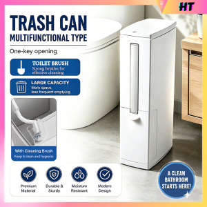Modern Slim Trash Bin Built-in Toilet Brush Narrow Bathroom Waste Basket Space Saving Design