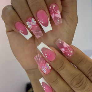 10 Bộ Móng Tay Giả Acrylic Màu Trắng Pháp Lì Viền Hồng Đính Đá Hình Trái Tim Và Nơ Bướm 3D