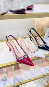 Giày sandal cao gót max chuỗi đá HALEY STORE gót 7cm đỏ trắng đen đính đá quai cài da bóng đi tiệc đi làm đám cưới