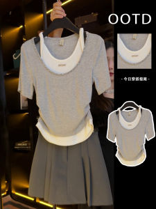 European Goods Hot Drilling Fake Two Pieces Short Sleeve T-Shirt Female Summer Fashion All-Matching Pleating Cinched Slimming Pullover 2024 New Arrival