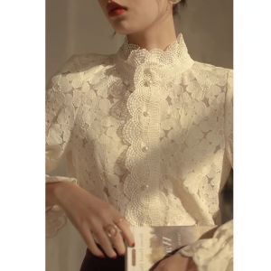 Stylish Stand Collar Long Sleeve Lace Floral Pearl Button Shirt