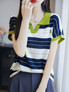 YUEXINYIRONG | French Stripes Cool Silk Knit Polo Collar T-shirt