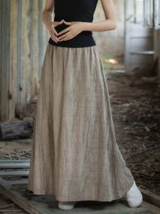 High-End Hemp Retro Tie-Dye Mid-Length Skirt for Women Autumn Summer Cotton-Hemp Fabric Slimming Patchwork Long Dress