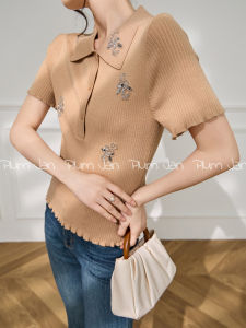 Unique Beautiful Plum Jan Polo Neck T-Shirt Womens Short Sleeve Knitted Wood Edge Decorative 3D Style Korean Style Summer Top