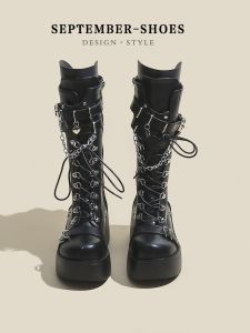 รองเท้าบูทมาร์ตินทรงหนาสำหรับผู้ชายและผู้หญิง สไตล์ปังก์ ทรงหนา ทรงยาว ทรงกลาง รองเท้าบูทสไตล์โกธิกสำหรับวัยรุ่น