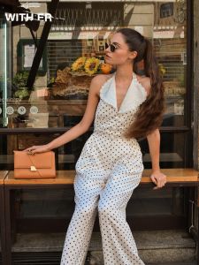 French Sub-Brand SleepOverSleep Polka Dot Print Halter Neck One-Piece Suit Backless Design High Waist Wide Leg Commute Style